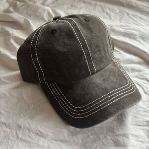 Brown washed denim style cotton adjustable cap with white stitching